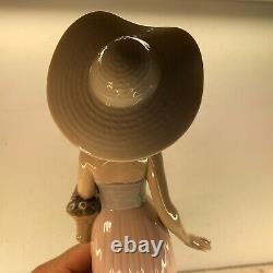 Nao by Lladro Lady in a Hat with Basket Porcelain 12.5 Figure Excellent Con