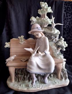 Rare Large Collectible Lladro Nao Spain Girl Feeding Dove On Bench Figurine 1983