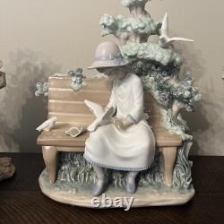 Rare Large Collectible Lladro Nao Spain Girl Feeding Dove On Bench Figurine 1983