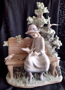 Rare Large Collectible Lladro Nao Spain Girl Feeding Dove On Bench Figurine 1983