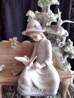 Rare Large Collectible Lladro Nao Spain Girl Feeding Dove On Bench Figurine 1983