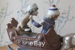 Rare Large Lladro 5037 Sleigh Ride. Dog pulling Sleigh with 2 children. Mint