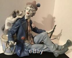 Rare Large Lladro Figurine #5763 Musical Partners Sitting Clown With Dog, Flute