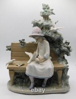 Rare Large Lladro Nao Spain Girl Feeding Dove On Bench Porcelain Figurine 1983