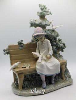Rare Large Lladro Nao Spain Girl Feeding Dove On Bench Porcelain Figurine 1983