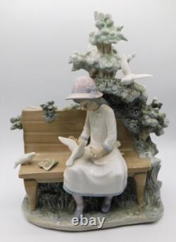Rare Large Lladro Nao Spain Girl Feeding Dove On Bench Porcelain Figurine 1983