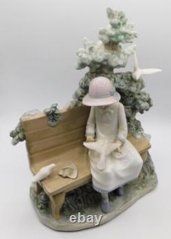 Rare Large Lladro Nao Spain Girl Feeding Dove On Bench Porcelain Figurine 1983