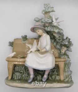 Rare Large Lladro Nao Spain Girl Feeding Dove On Bench Porcelain Figurine 1983
