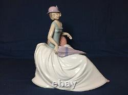 Rare Large Nao By Lladro Figure Lady Sitting With Umbrella Rainy Afternoon #1400