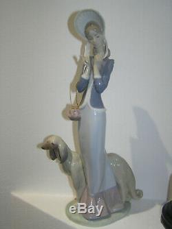 Rare Lladro Lady Wearing Fine Bonnet With Flowers & Afghan Dog 1537 Stepping Out