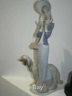 Rare Lladro Lady Wearing Fine Bonnet With Flowers & Afghan Dog 1537 Stepping Out