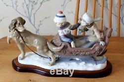 Superb Large Lladro 5037 Sleigh Ride. Dog pulling sleigh with 2 children. Mint