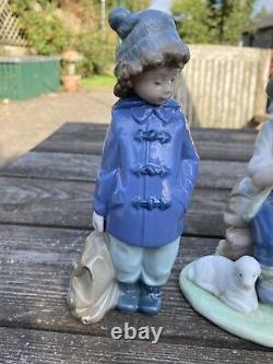 Three Lladro Nao Figures So Shy Girl With Rucksack Boy With Sheep Flute Missing